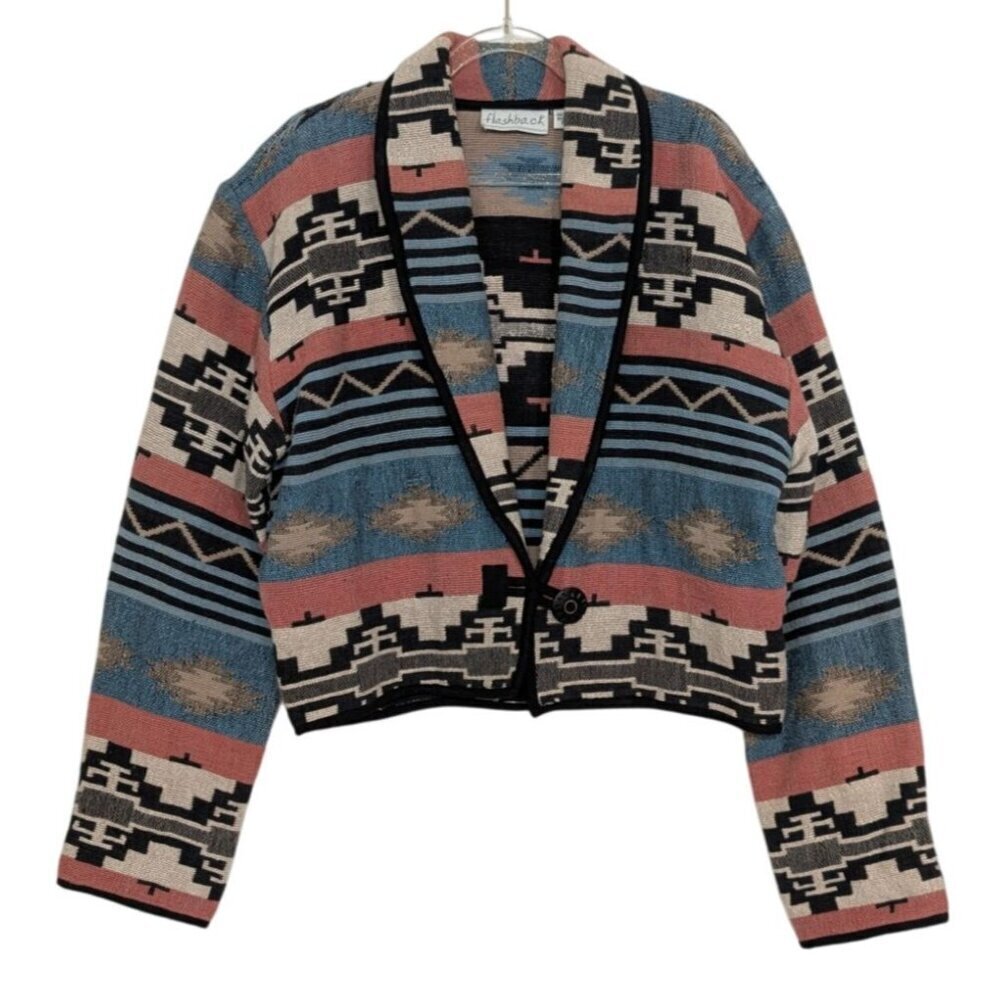Vintage Flashback Southwestern Crop Jacket Womens Size Medium Black Woven Cotton